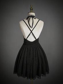 SHEIN ICON Vestido corto de mujer de unicolor con espalda descubierta, drapeado y volantes, con tirantes ajustables - Negro - Ver 2