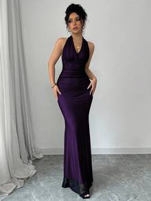 Rafferiza 优雅修身鱼尾下摆 V 领腰部褶皱针织网眼玫瑰红色衬里长款连衣裙，适合秋冬女士 - Bold Plum - 查看 5