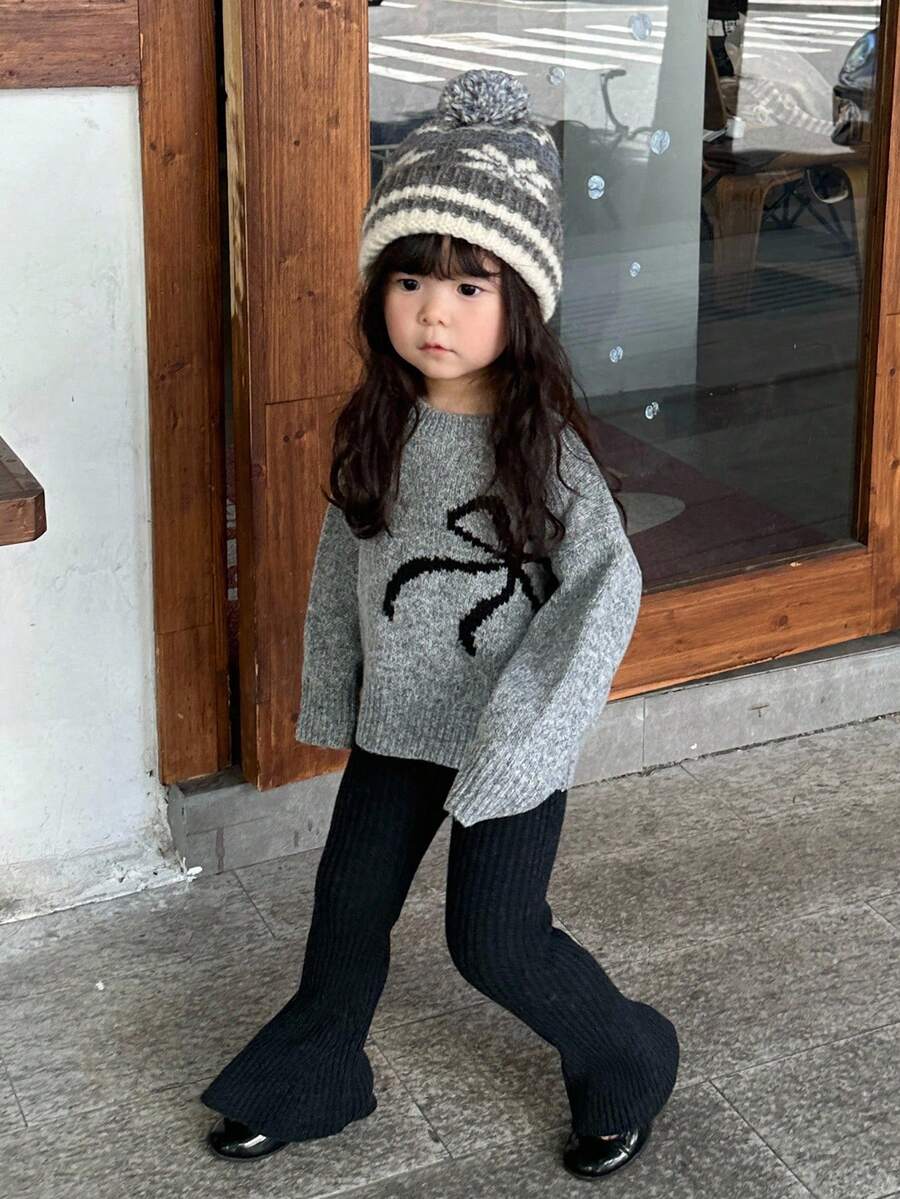 DAZY 女婴圆领蝴蝶结撞色可爱休闲长袖毛衣秋冬
