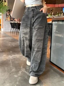 DAZY 女士水印休闲宽松牛仔裤，韩版街头风低腰牛仔裤 - 深灰色 - 查看 1