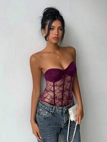 Aloruh 女士蕾丝透视性感抹胸紧身衣 - 中紫紅色 - 查看 3