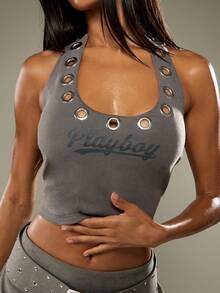 Missguided x Playboy 带孔眼索环和印花的露背背心 复古水洗棉短款上衣 - 灰色 - 查看 1