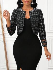 SHEIN Lady Women's Round Neck Plaid Raglan Sleeve Fashionable Versatile Lightweight Jacket In Fall/Winter - Black - View 6