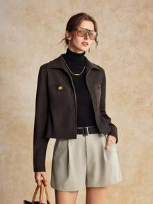 House of One Chaqueta de mujer de ajuste holgado con cremallera, cuello, bolsillos, de tejido sólido, para otoño e invierno