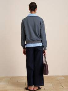 Airaco 女士格子衬衫领落肩长袖休闲宽松运动衫，秋季 - 深灰色 - 查看 3