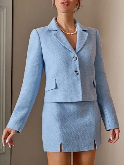EURMUSE Women's Cropped Blazer With Matching Mini Skirt, Elegant And Coordinated Two Pieces Set, High Quality Fabric Blazer Skirt Set Skirt Suit Blazer Set Women Blue Suit Women Baby Blue Outfit Women