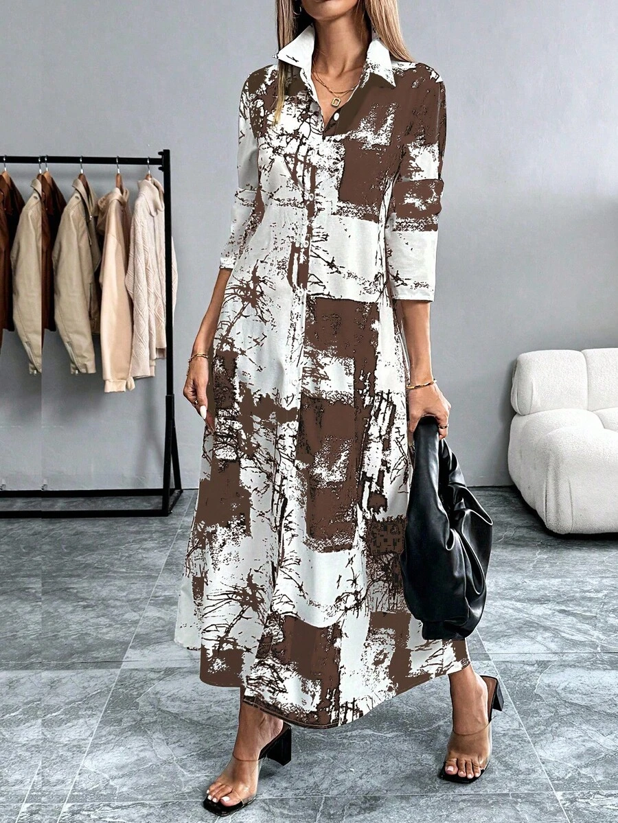 Breezaya Váy sơ mi in họa tiết nhuộm loang thời trang dành cho nữ, váy dài Maxi mùa xuân thu dành cho nữ, váy dài thường ngày, váy dài tay dành cho nữ - màu nâu - Xem 1