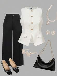 SHEIN MOD 大码无袖西装背心，夏季提花纹理西装背心，大码优雅夏季西装背心，女式白色背心，女式无袖西装外套，女式白色背心，女式白色西装背心，女式无袖西装外套，秋季夹克背心 - 杏色 - 查看 1