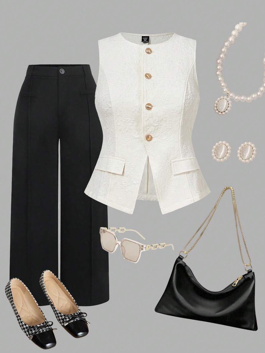 SHEIN MOD 大码无袖西装背心，夏季提花纹理西装背心，大码优雅夏季西装背心，女式白色背心，女式无袖西装外套，女式白色背心，女式白色西装背心，女式无袖西装外套，秋季夹克背心 - 杏色 - 查看 1