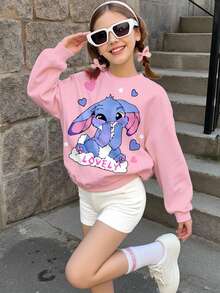 SHEIN Leap Crew 可爱卡通蓝兔露露，复古缝线图案，清新奶油色，少女休闲宽松圆领舒适长袖卫衣，适合秋冬季返校季，2000年代风格，Y2K服装，韩版风格，秋季服装，返校季，冬季服装，Grunge Kawaii风格女童可爱卫衣，青少年可爱卫衣，兔子卫衣，粉色兔子卫衣 - 彩色 - 查看 2