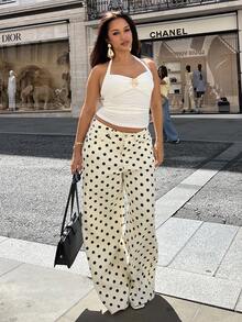 NegzBox 波尔卡圆点可爱波尔卡圆点春夏精致牛仔直筒中腰牛仔裤伊比沙岛假日休闲 - 米色 - 查看 6