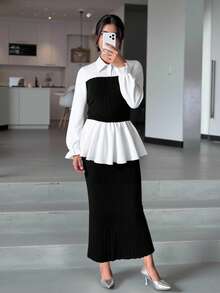 SHEIN 2pcs Teen Girl Shirt Collar Lantern Sleeve Knitted Top & Knitted A-Line Slit Hem Skirt Set