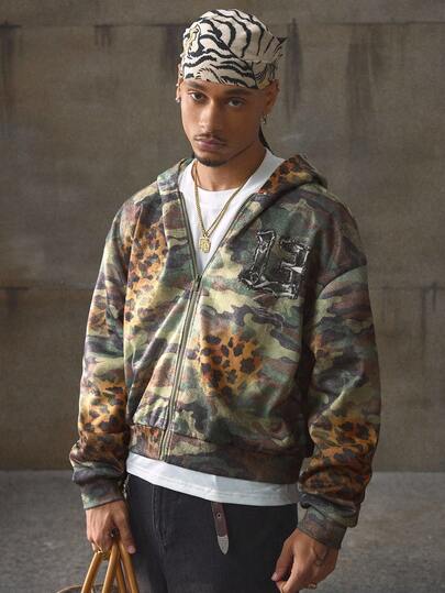  AXEPEAK 男士休闲街头嘻哈复古做旧迷彩运动衫，秋季，冬季