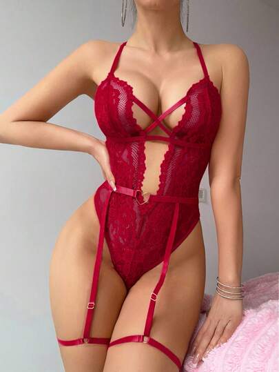 1 Conjunto de body sexy de encaje + liguero para mujer