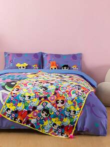 THE POWERPUFF GIRLS X SHEIN 3件組可愛卡通人物與枕頭圖案舒適被套組，適用單人床/雙人床/加大雙人床/特大雙人床，適合宿舍/居家 - 淡紫色 - 查看 4