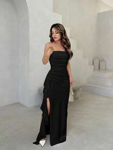 Jemour Váy quấn hở lưng cao xếp nếp không tay màu trắng cho nữ, váy phù dâu trang trọng hở lưng gợi cảm không dây - màu đen - Xem 6