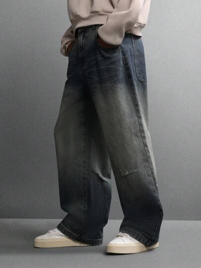  SUMWON 超宽腿宽松低裆破洞牛仔裤，休闲街头风，秋冬时尚水洗直筒纯色款