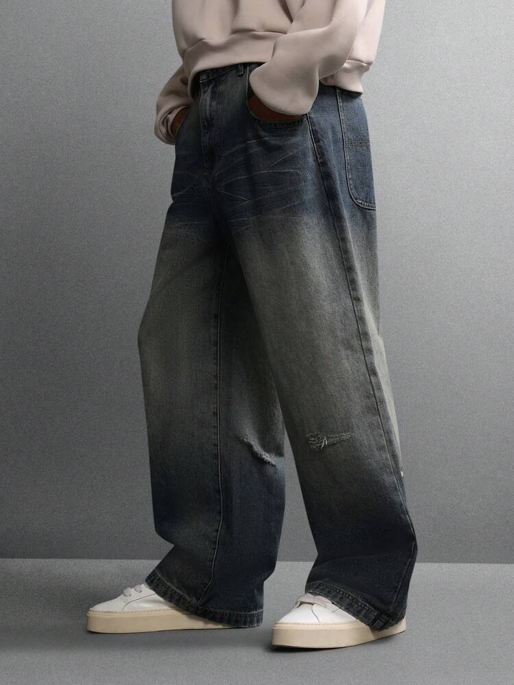 Wide Leg Baggy Denim Jeans With Distressed Details