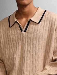 SUMWON Cable Knit Polo Sweater Retro Vintage Style Collared Pullover Knitwear Classic Fall Winter Casual Business Office Wear Plain - Khaki - View 3