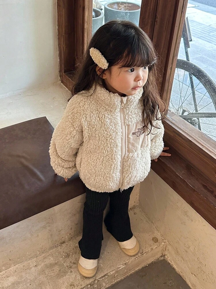 Baby Girls' Contrast Color Korean Style Embroidered Casual Regular Jacket Fall,Winter Toddler Girls Clothes