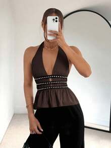 Siren Gaze New Summer Rivets Waistline Design Halter Top For Women Party Chic Brown - Brown - View 6