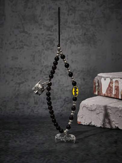 BATMAN X SHEIN Fashionable Black Handmade Beaded Phone Charm, Zinc Alloy Phone Accessory