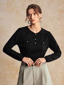 House of One Sailor Collar Button-Up Long Sleeves Black Sweater Top Women Autumn Winter Elegant Casual Wear
