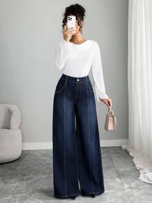 Elenzga 女士休闲通勤水洗阔腿牛仔裤 - 深色水洗藍 - 查看 5