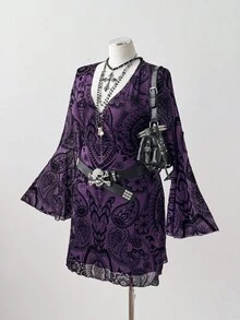 Sunspun Đầm ôm sát tay loe cổ chữ V tay dài hở vai họa tiết Paisley thời trang ngọt ngào, thanh lịch, cỡ lớn - Nhiều màu - Xem 7