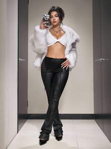 Jeanoix Pantalones acampanados negros de cuero sintético con cordones y calados, para mujer - Negro - Ver 2