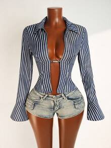 SHEIN PETITE Lady's New Sexy V-Neck Long-Sleeved Shirt With Metal Hook Fasteners And Flounce Sleeve Design. Striped Print Flounce Sleeve Shirt, Long Sleeve Tops - Blue - View 3