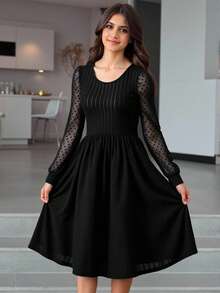 Teen Girl Contrast Mesh A-line Dress - Black - View 1