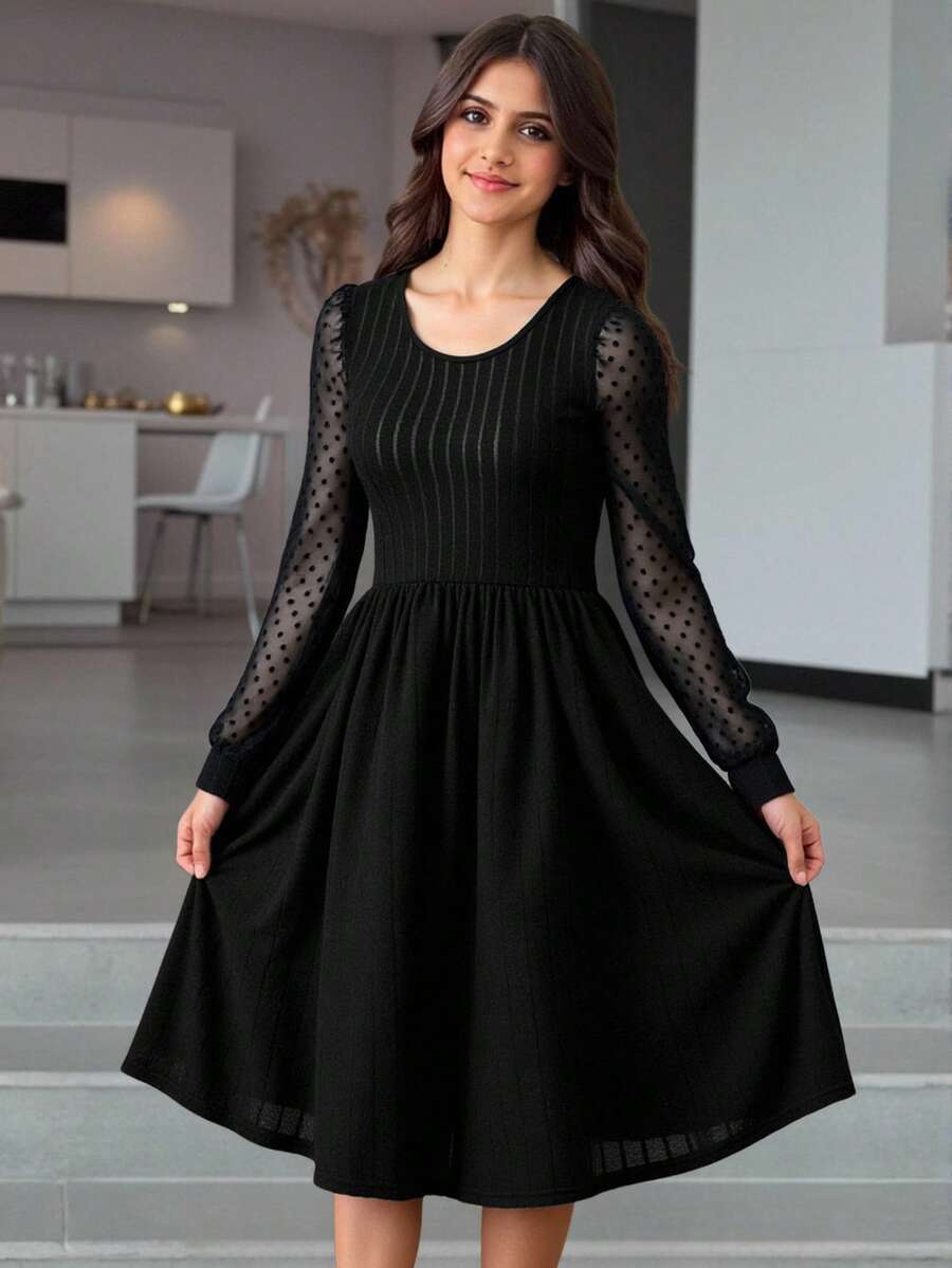 Teen Girl Contrast Mesh A-line Dress - Black - View 1