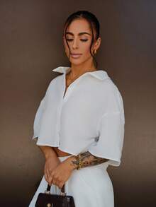 SAYEHFBABY Women Solid Color  Woven Cropped Shirt - White - View 4