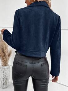SHEIN 女式纯色长袖拉链休闲摩托车夹克，秋季 - 藏蓝色 - 查看 2