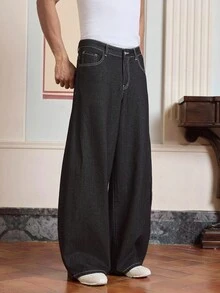 EASEVO 大码男士黑色刺绣曲腿牛仔裤