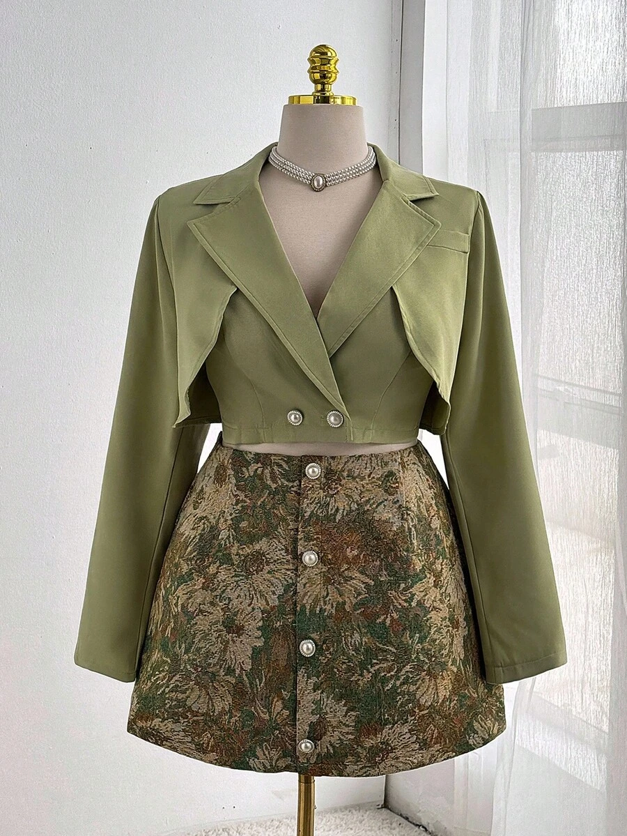 Flirla Áo đi chơi thanh lịch, chân váy ngắn, áo khoác blazer buộc dây thời trang, áo cánh ôm vừa vặn thời trang + chân váy chữ A họa tiết hoa hướng dương cổ điển, bộ trang phục hai món - Nhiều màu - Xem 1