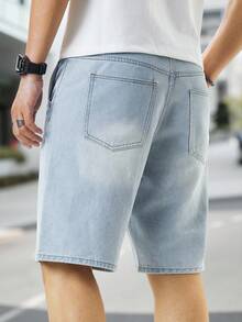 Manfinity Homme Quần Jeans Ngắn Thường Ngày Màu Xanh Nhạt Nhạt Được Phun Sơn, Phong Cách Nhật Bản/Hàn Quốc - Màu xanh lam - Xem 8