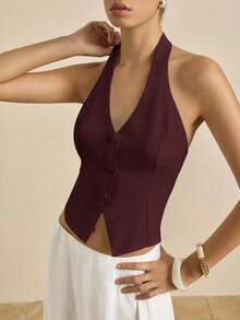 Airaco Áo hở lưng ôm sát màu trơn tối giản gợi cảm dành cho nữ, mùa hè - Màu Đỏ Sâu - Xem 3