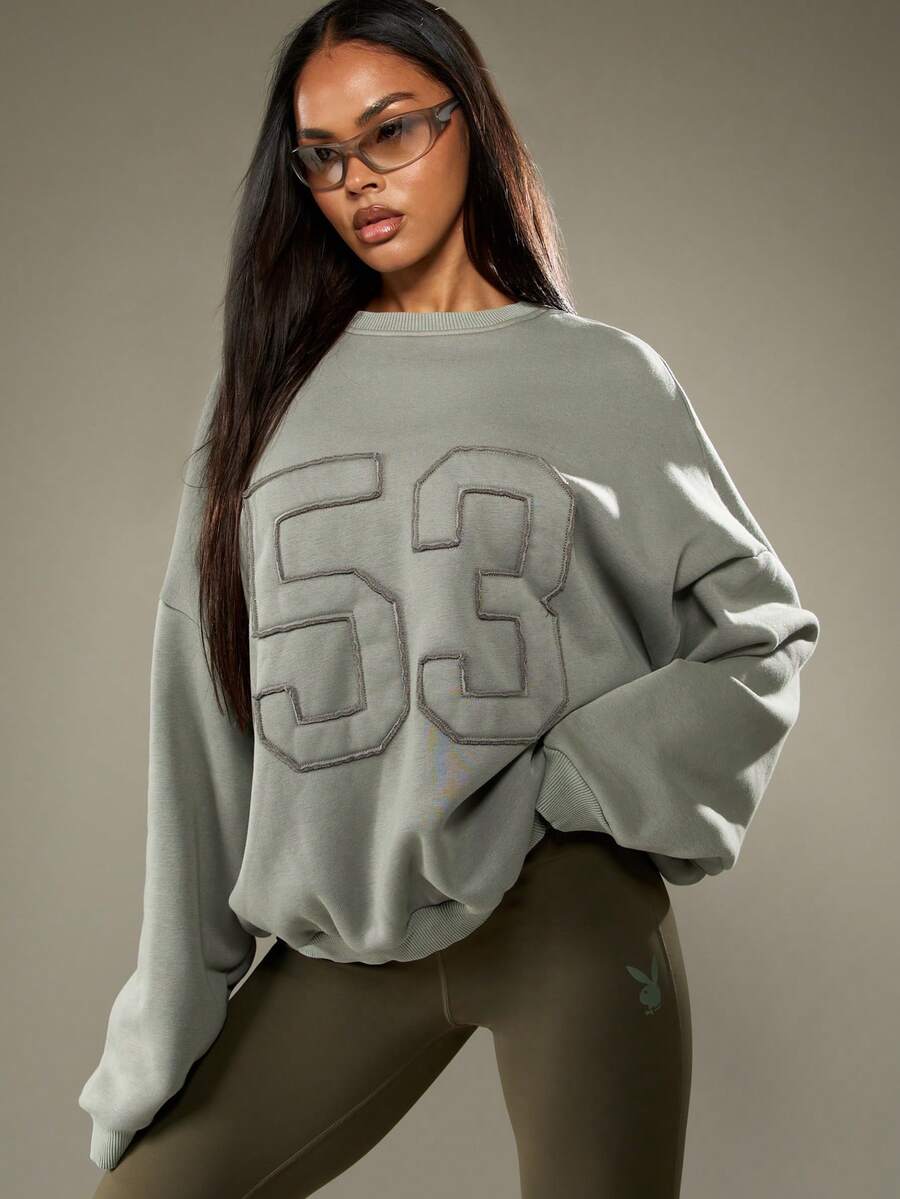 Missguided x Playboy Áo nỉ cotton oversized họa tiết in số Varsity cho trang phục thường ngày mùa thu đông ở trường học - Xám - Xem 1