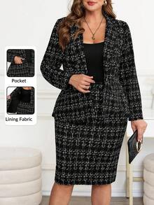 SHEIN Clasi Plus Size Notched Collar Long Sleeve Women's Suit Set Office Outfits For Women Set,Curvy Plus Size Women's Suit Two-Piece Suit: Black Long-Sleeved Suit Jacket + High Elastic Waist Hip Skirt, Business Casual Daily Fashion, Suitable For Multiple Occasions,Fall Clothes For Women,Winter Clothes For Women,Fall Clothes Plus Size ,Winter Clothes,Autumn, Winter Outfit For Women,Night Out,Going Out Outfit , Old Money Style Women,Suitable For Multiple Occasions,Halloween, Homecoming,Christmas,Business Casual Woman,Business Casual Outfits Women,Business Casual Woman Curve, Teacher Clothing, Business Commuting