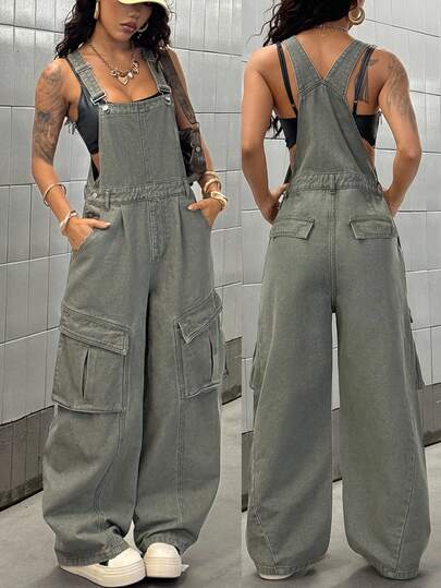 StreetHx Loose Fit Denim Bib Overalls With Large Pockets