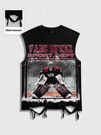 Street Life Eishockey-Grafik-Ärmelloses Rundhals-T-Shirt mit Vintage-Design für Herren