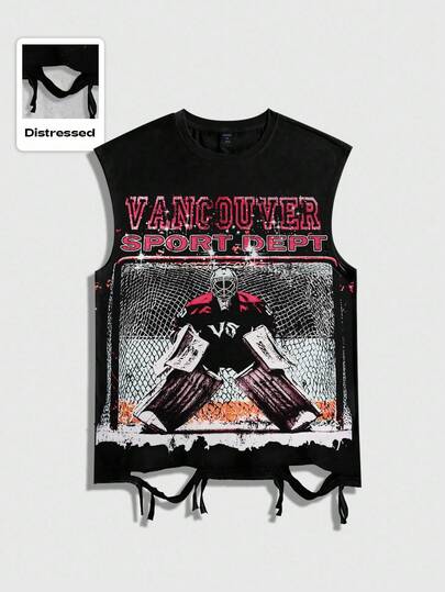 Street Life Camiseta de cuello redondo sin mangas con diseño gráfico de hockey sobre hielo y efecto desgastado para hombres