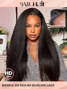 TrueHD 9am Hair Store Wear And Go Glueless Kinky Straight 6*4 HD Lace Closure Wig Pre Cut & Pre Plucked With 180% Density 8-16 Bob Inch 18-30 Inch Long Hair Natural Color Human Hair Wig Top Quality Stylish Wig Beginners Friendly Hair Accessories For Women Glueless Frontal Wigs Weaves Human Hair Vacation Essentials Halloween Costume