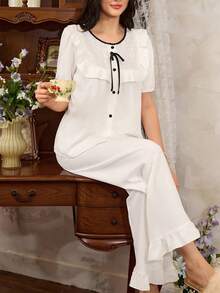 Côtesoire 女士荷叶边短袖上衣和裤子睡衣套装 - 白色 - 查看 1