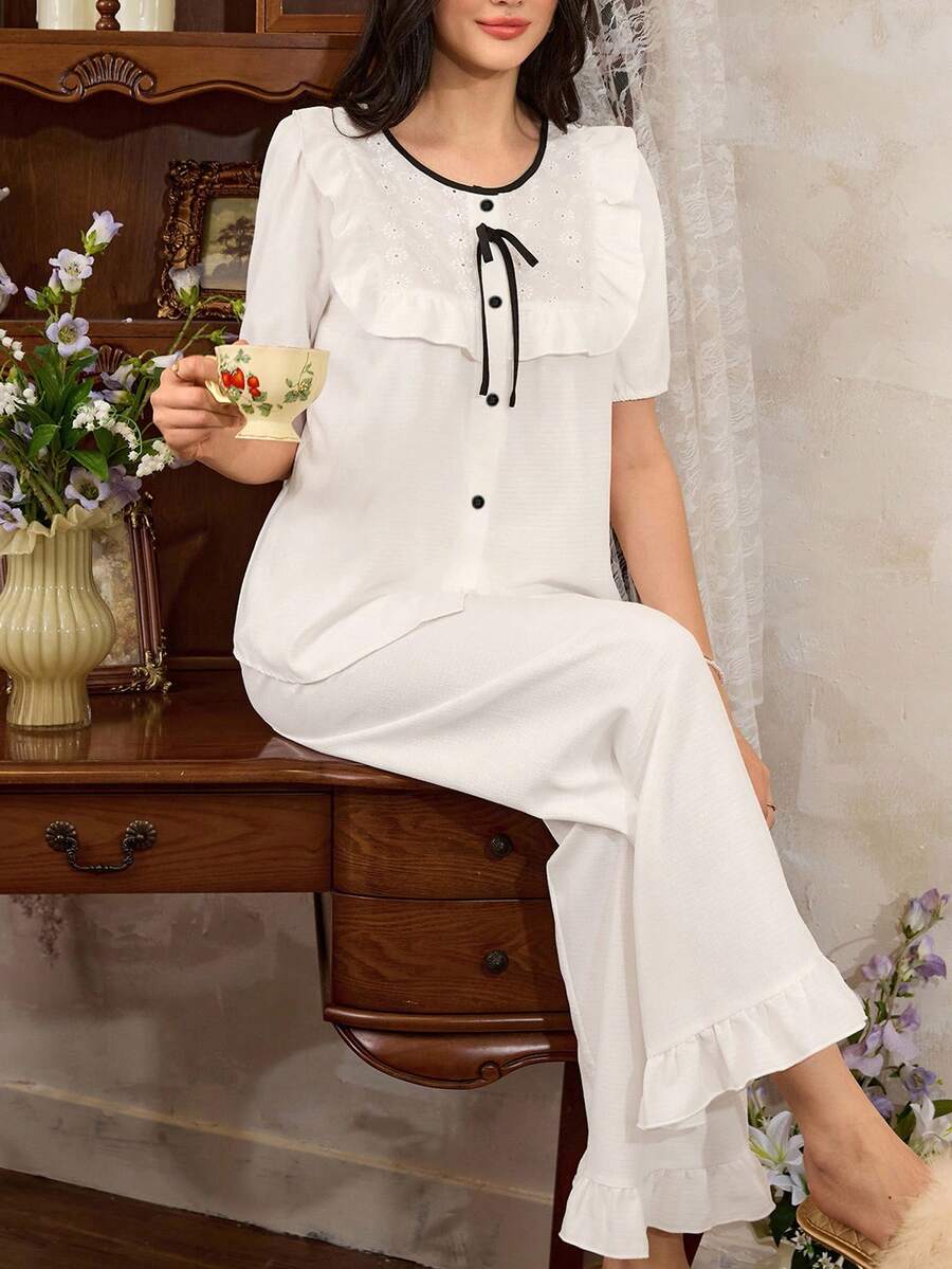 Côtesoire 女士荷叶边短袖上衣和裤子睡衣套装 - 白色 - 查看 1