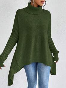 EMERY ROSE Women's Solid Color High Neck Dropped Shoulder Long Sleeve Asymmetric Hem Casual Pullover Sweater, Autumn/Winter - Army Green - View 3