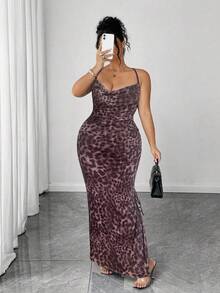 Elenzga Plus Size Women Vintage Sexy Mesh High Slit Drawstring Dress - Multicolor - View 5
