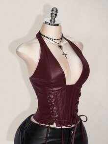 SHEIN ICON 大码女式纯色简约休闲 PU 皮革露背领扣眼装饰系带背心 Y2K 外出酒红色 V 领露肩上衣 - 酒紅色 - 查看 6